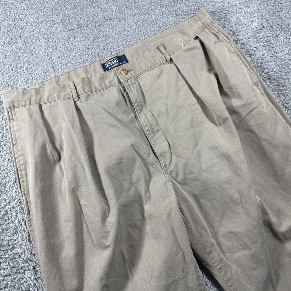 VTG Polo Ralph Lauren Chino Pants Mens 42x32 (42x27) Tan Andrew Pleated Baggy